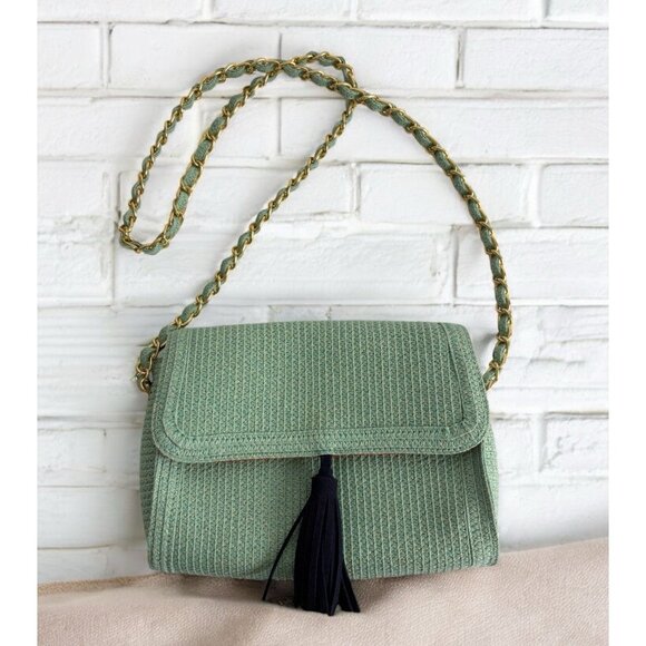 The Royal Standard Sea Foam Green Purse Woven Navy Tassel Orange Interior - Picture 1 of 6